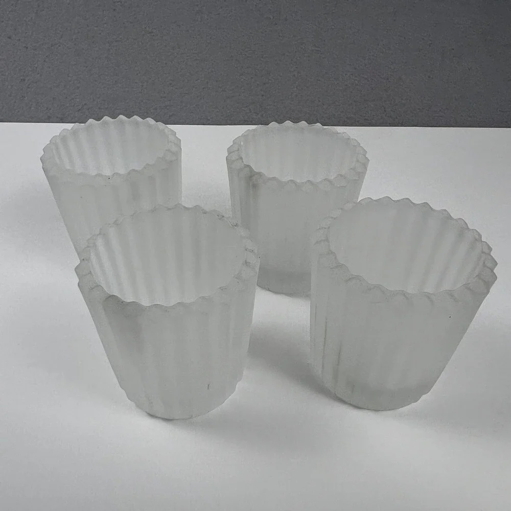 Scalloped Glass Votive Candle Holders Set of 4 White Frosted Ribbed